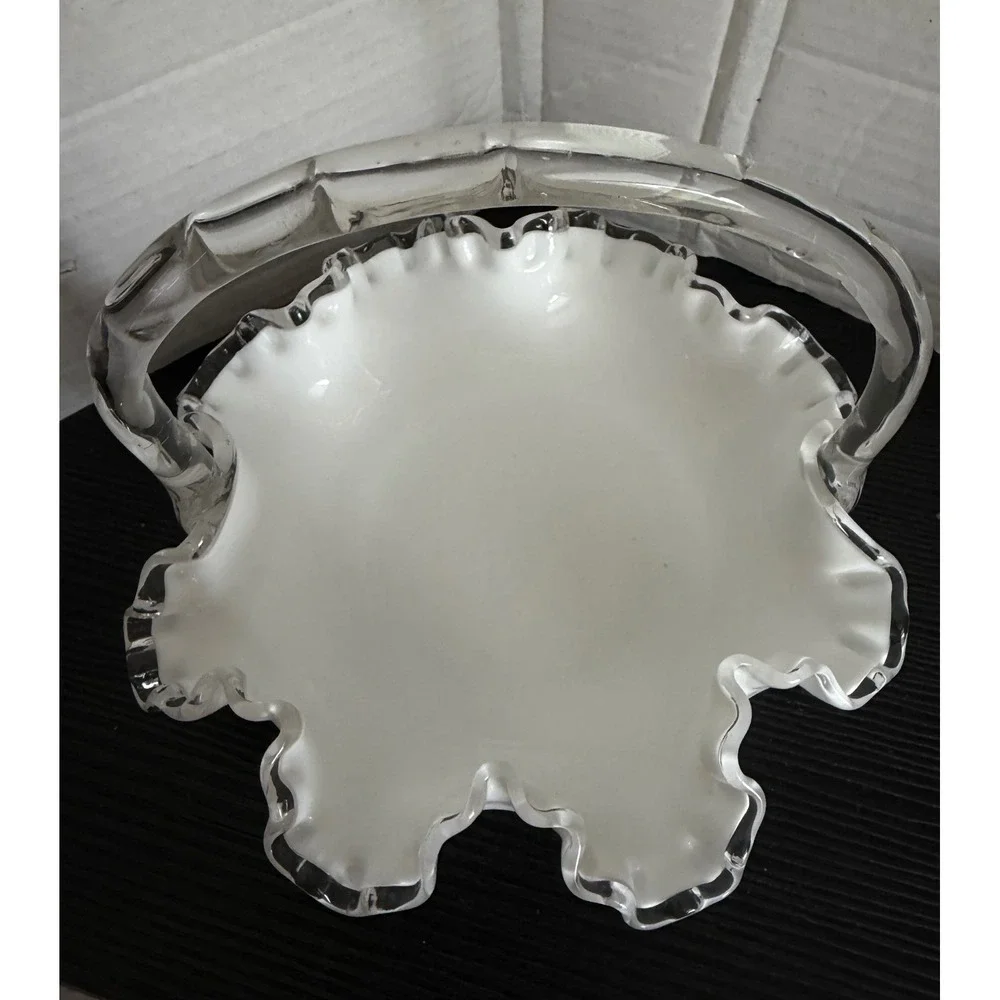 Fenton White Milk Glass Silver Crest Ruffled Basket Clear Bamboo Handle 7 inch